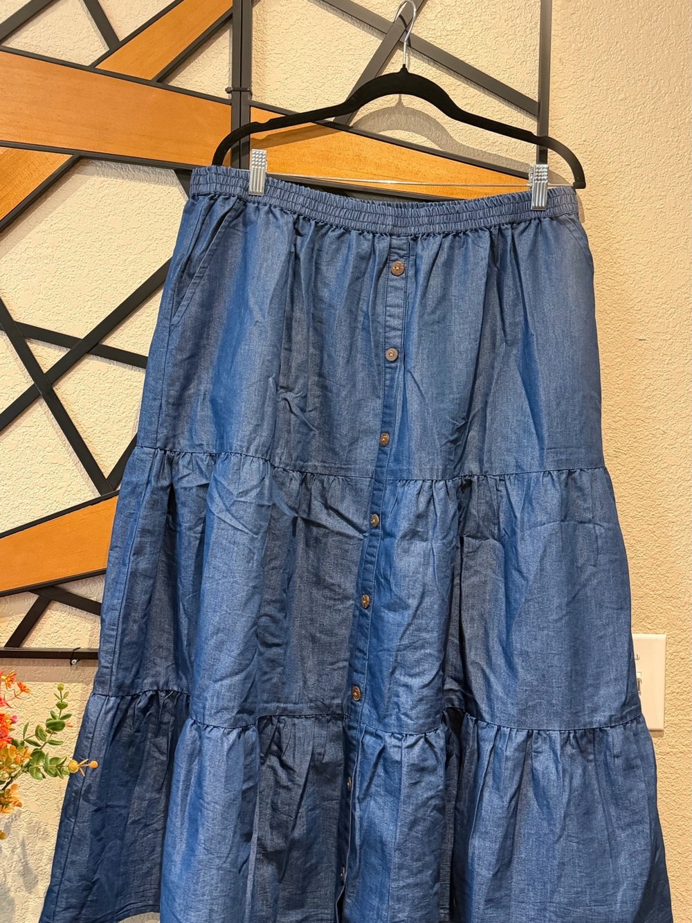 Tiered Blue Button-Front Midi Skirt